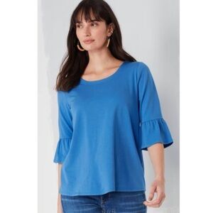 J Jill ruffled sleeve crewneck top blue cotton blend Medium